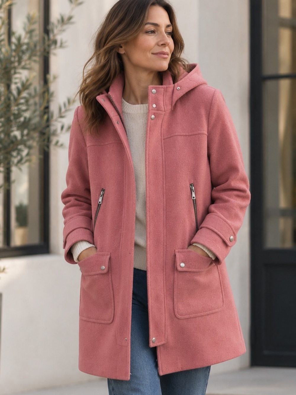 J. Crew Rose Pink Hooded Wool-Blend Trench Coat